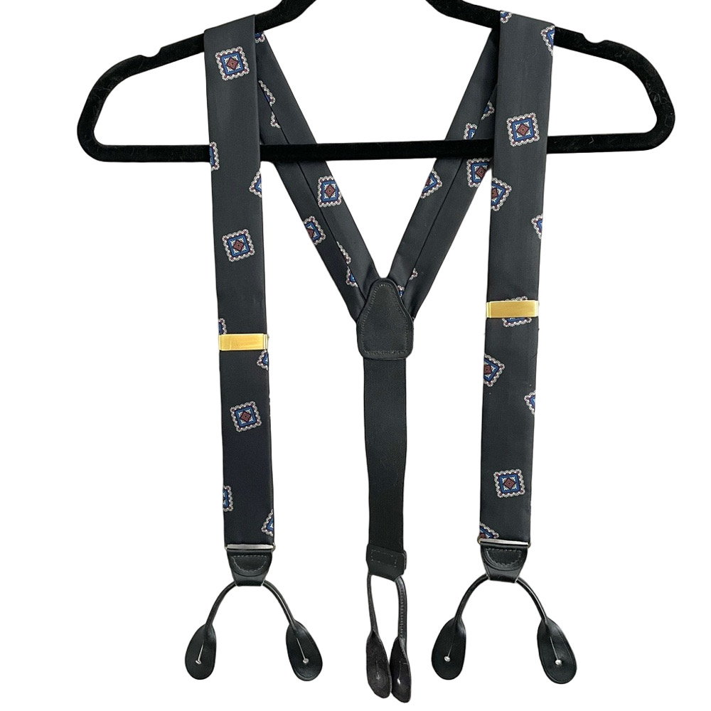 Vintage Black Paisley Print Silk Button Braces Suspenders - One Size